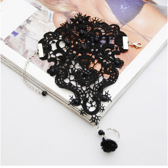 Goth Punk Style Bracelet Flower Ring In Black - Picture 4 of 6